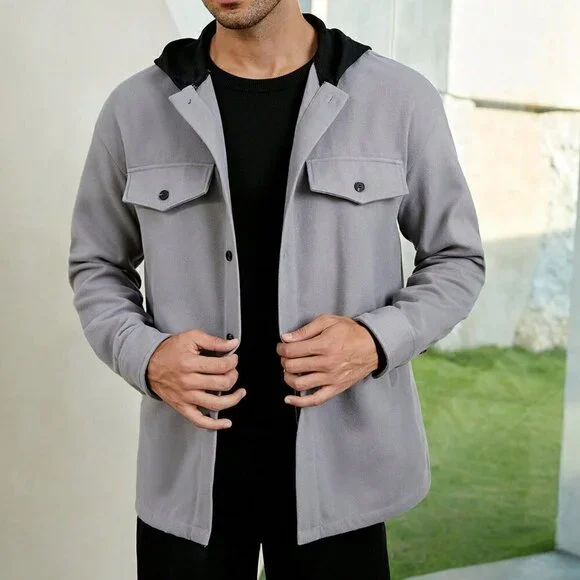 Grey Casual Mens Flap Detail Hooded Coat - Picture 3 of 5